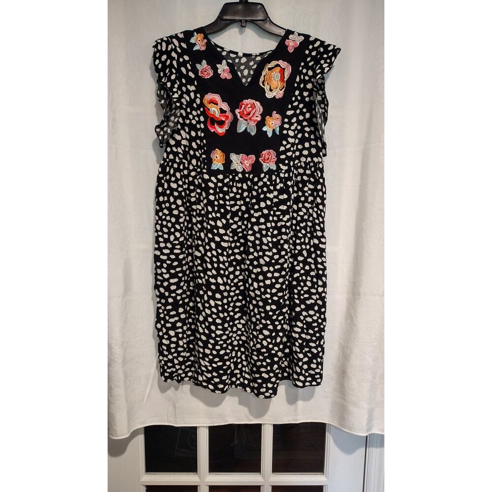 Kirundo Large Pink Rose Embroidered Mini Dress Black White Boho Cottagecore